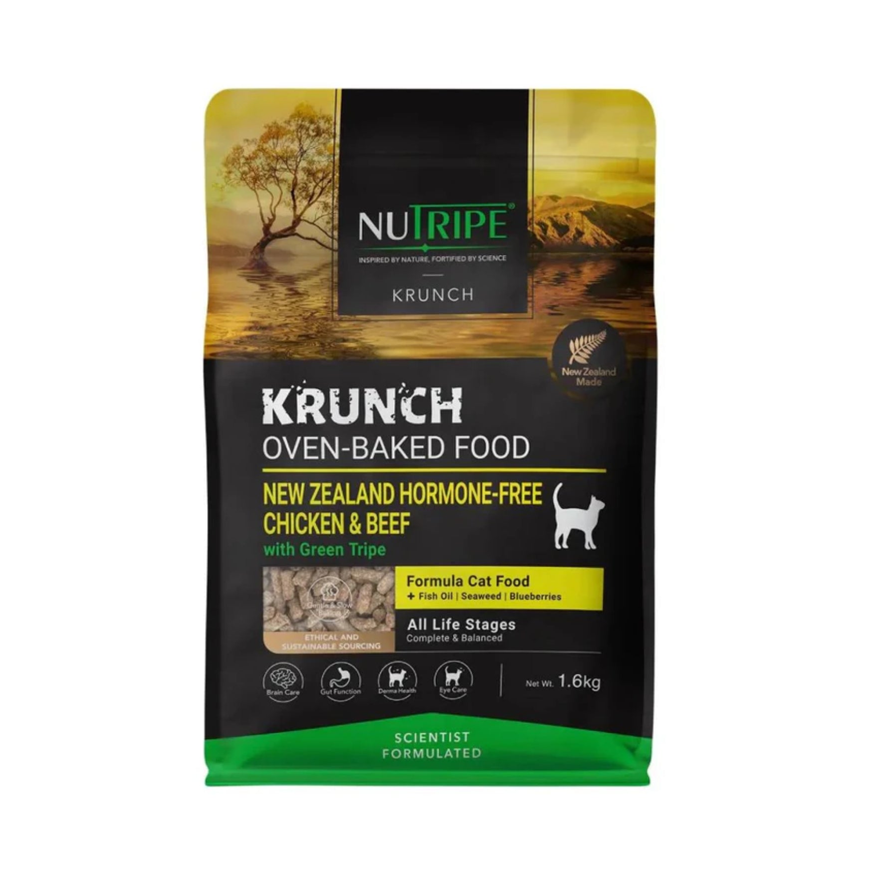 Nutripe Krunch Oven-Baked Dog & Cat Food with Green Tripe 1.6kg - 7kg - Complete & Balanced Crunchy Kibble CAT Chicken & Beef 1.6kg