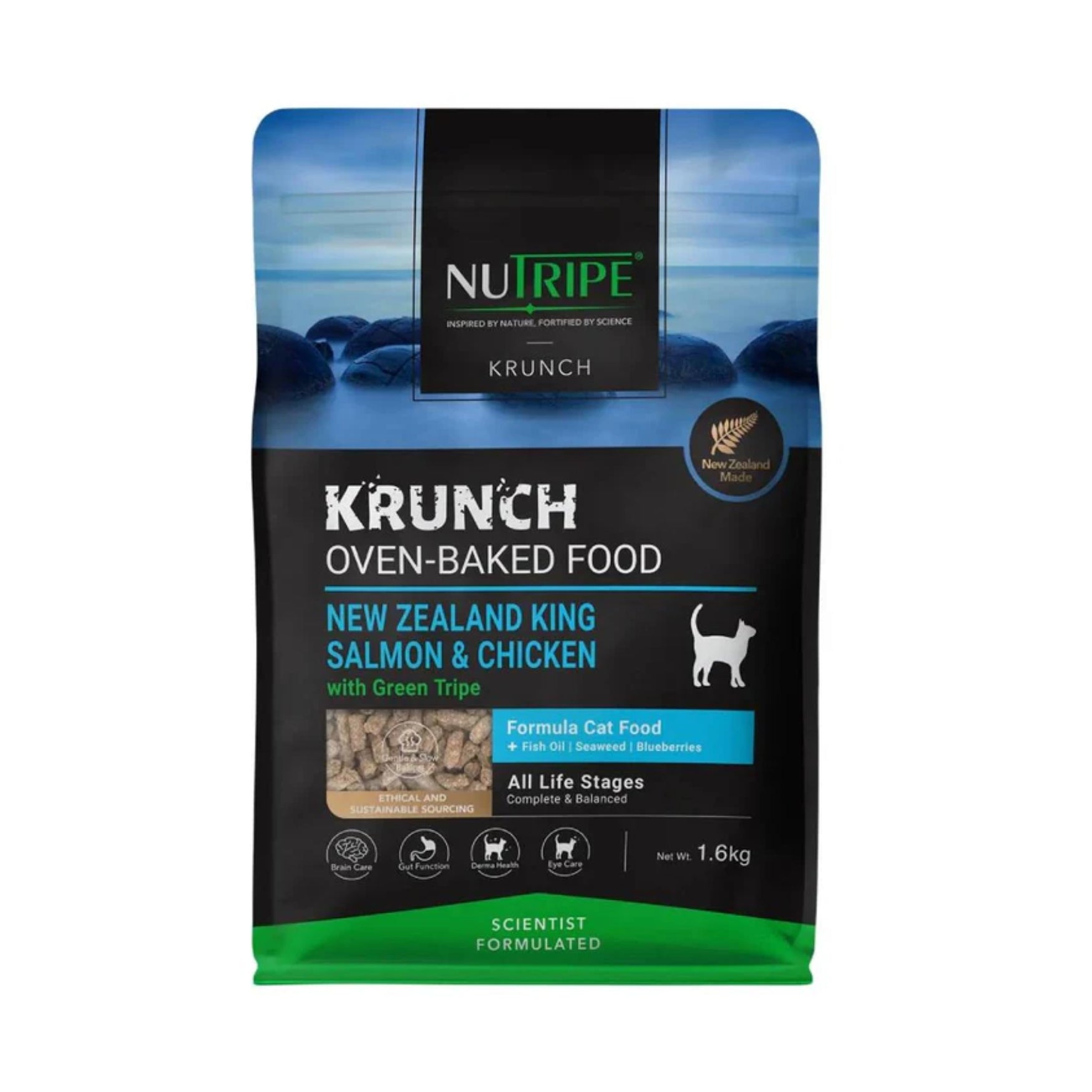 Nutripe Krunch Oven-Baked Dog & Cat Food with Green Tripe 1.6kg - 7kg - Complete & Balanced Crunchy Kibble CAT King Salmon & Chicken 1.6kg