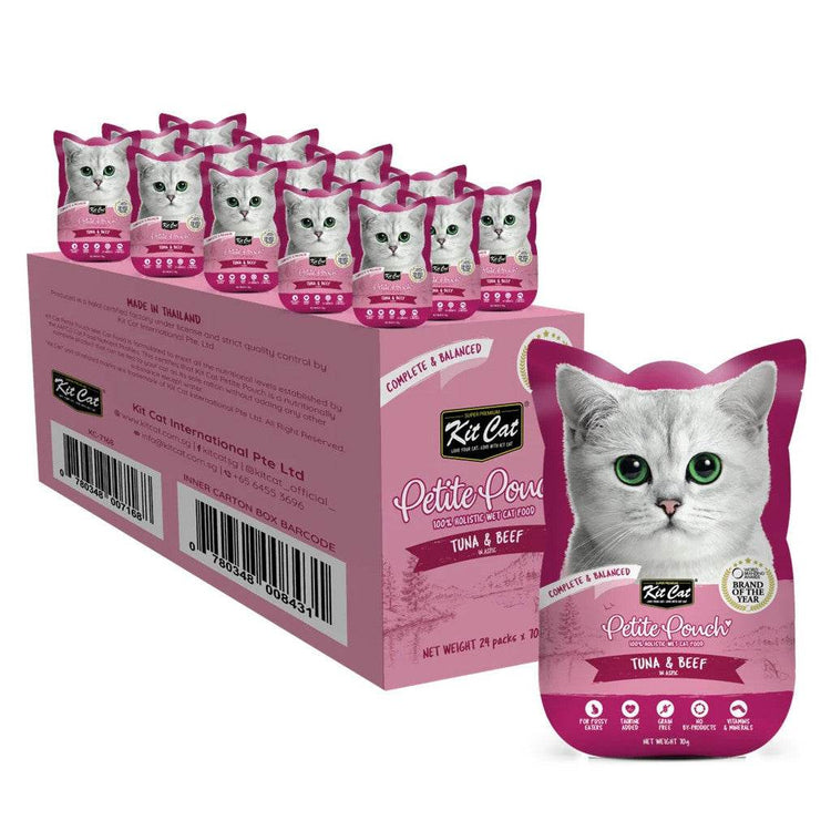 70g Bundle of 24 Kit Cat Petite Pouch Tuna & Beef