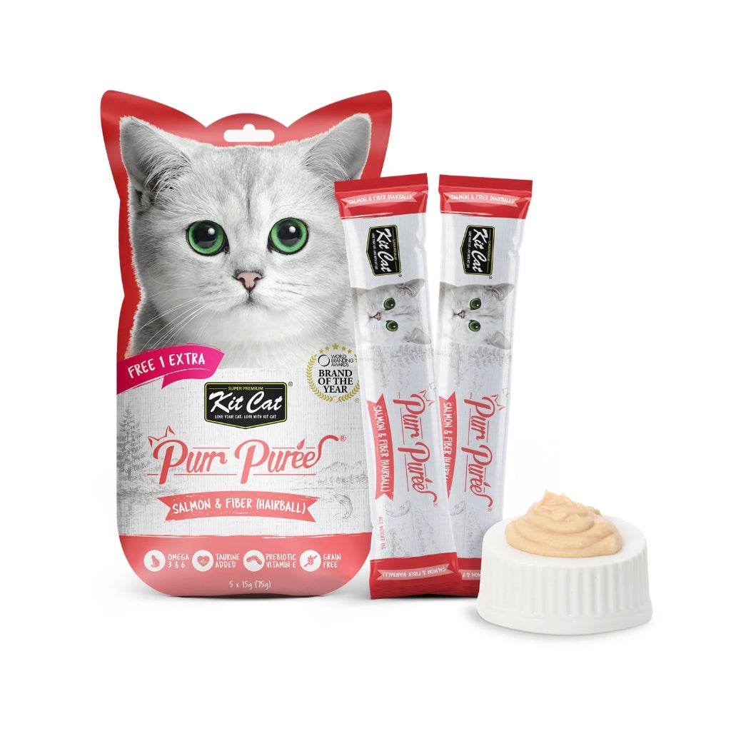 Kit Cat Purr Puree Cat Treats 4s/5s x 15g Hairball (Salmon Fiber)