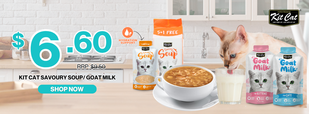 Kit Cat Savoury Soup and Goat Milk cat food on sale for $6.60, down from $9.50 RRP – 5+1 Free promotion with hydration support