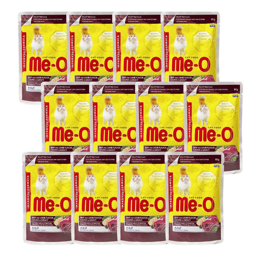 [Bundle of 12] Me-O Wet Cat Food 80g Pouch – Jelly, Gravy & Pate Beef & Lamb Gravy