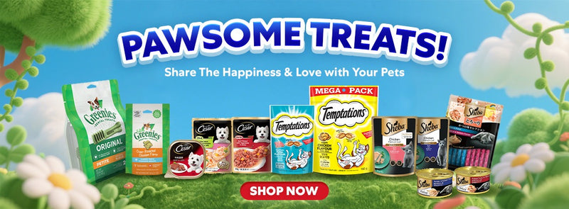 Promotional banner for pet treats with various brands and products on a grassy background.