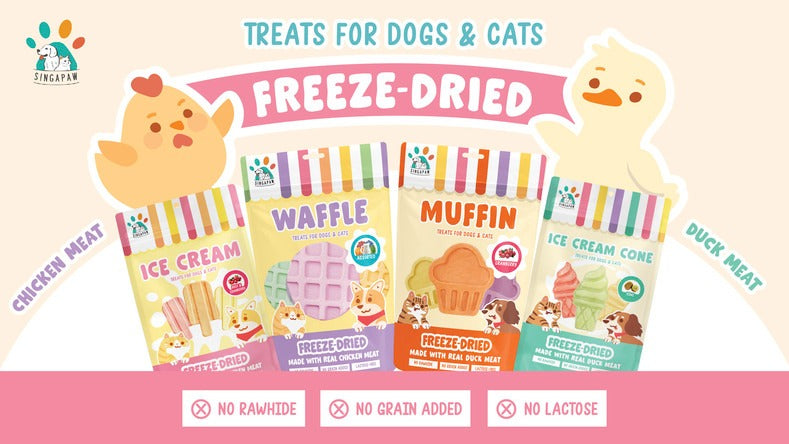 Singapaw freeze-dried treats for dogs and cats – Ice Cream, Waffle, Muffin, and Ice Cream Cone flavours, no rawhide, no grain, no lactose
