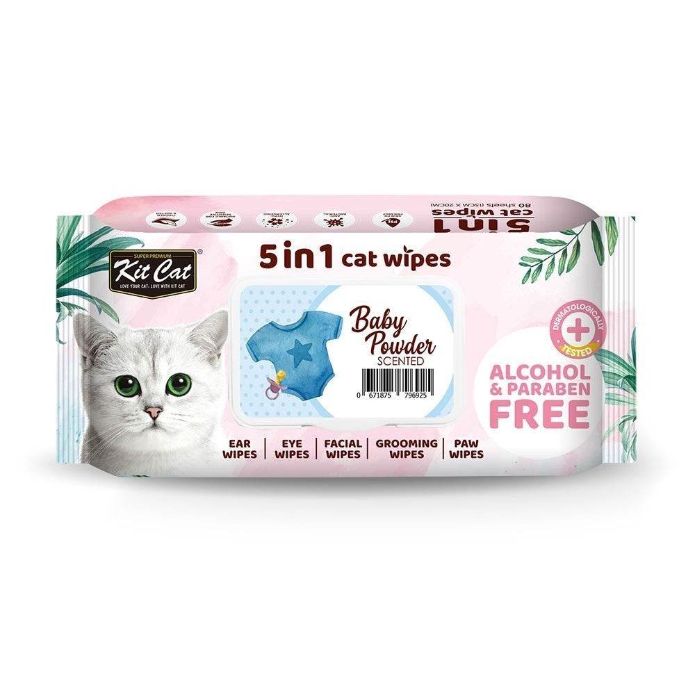 Kit Cat 5-in-1 Grooming Wipes 80 Sheets Baby Powder