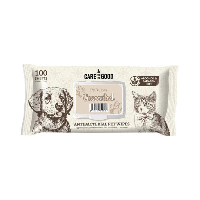 Care for the Good Pet Wipes 20/100 Sheets - Alcohol-Free, Paraben-Free, Antibacterial Unscented 100s