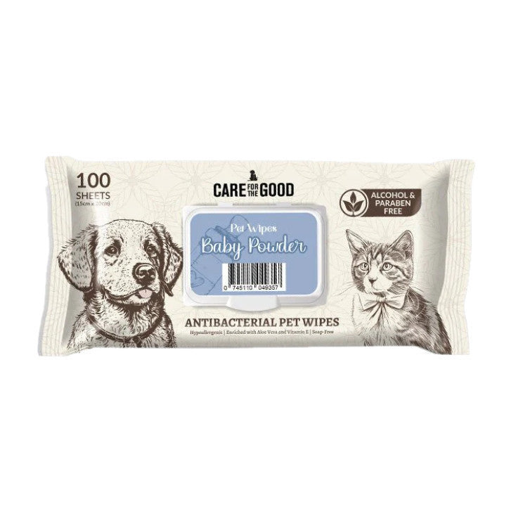 Care for the Good Pet Wipes 20/100 Sheets - Alcohol-Free, Paraben-Free, Antibacterial Baby Powder 100s