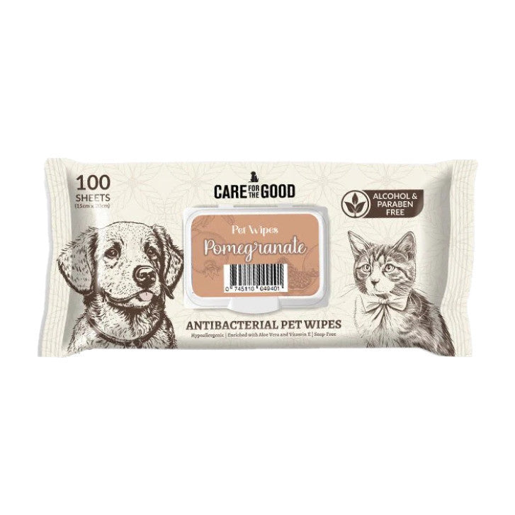 Care for the Good Pet Wipes 20/100 Sheets - Alcohol-Free, Paraben-Free, Antibacterial Pomegranate 100s