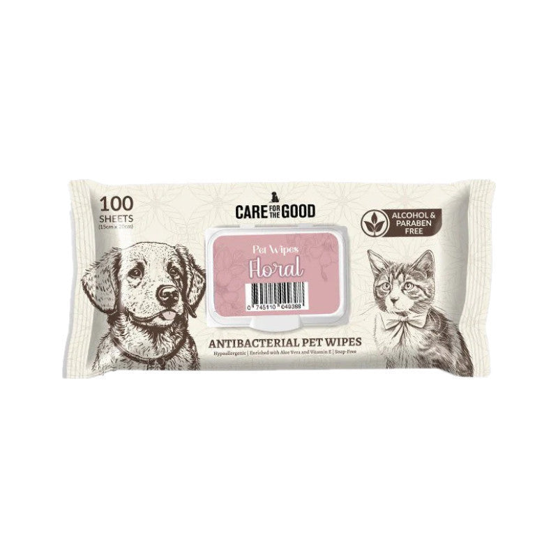 Care for the Good Pet Wipes 20/100 Sheets - Alcohol-Free, Paraben-Free, Antibacterial Floral 100s