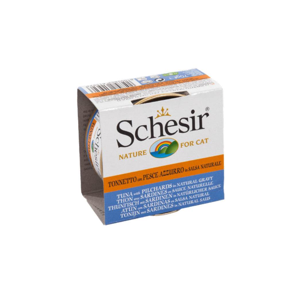Schesir Canned Cat Food In Gravy & Jelly 70g–85g Gravy Tuna with Pilchard