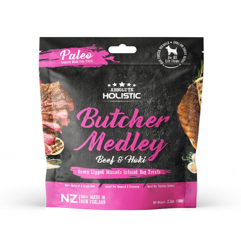 Absolute Holistic Air Dried Treats for Dogs 100g - Grain-Free High Protein Complete & Balanced Diet Butcher Medley