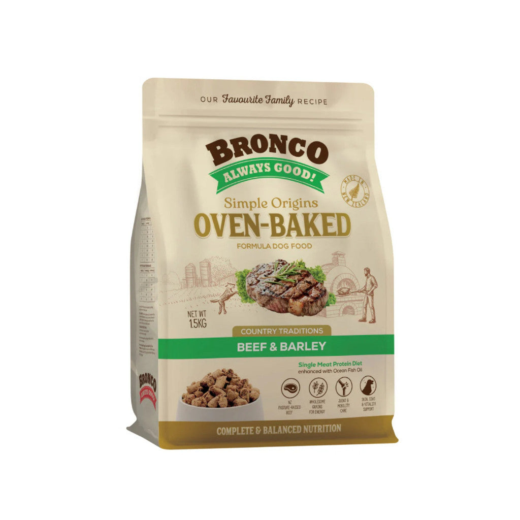 Bronco Simple Origins Oven-Baked Dry Dog Food 1.5kg - Complete Daily Pet Food for Dogs Beef & Barley 1.5kg