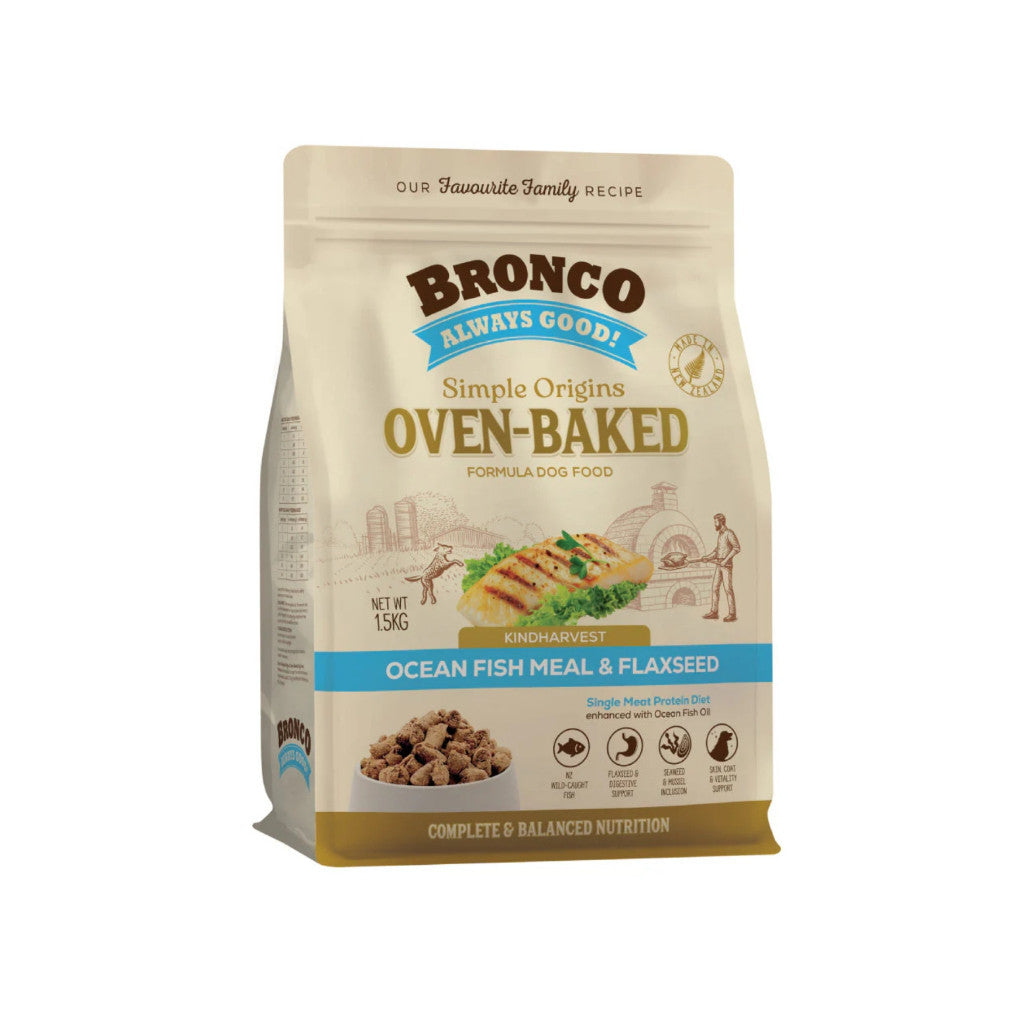 Bronco Simple Origins Oven-Baked Dry Dog Food 1.5kg - Complete Daily Pet Food for Dogs Fish&Flaxseed 1.5kg