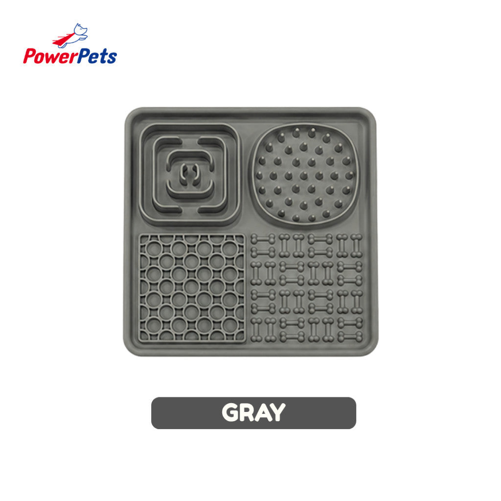 PowerPets Silicone Slow Feeder For Pets - Food-Safe Silicone Non-Toxic Pet Bowl Training Licking Pad Square Gray
