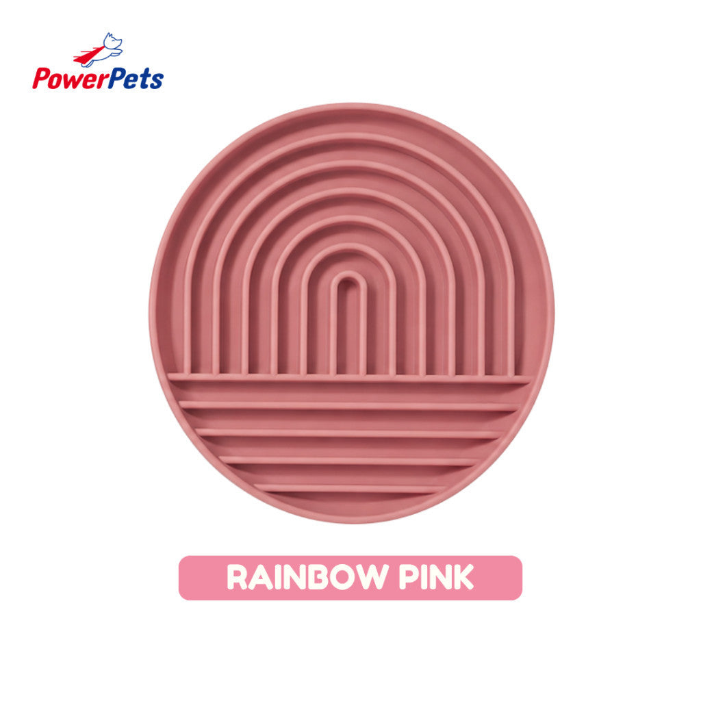 PowerPets Silicone Slow Feeder For Pets - Food-Safe Silicone Non-Toxic Pet Bowl Training Licking Pad Rainbow Round Pink