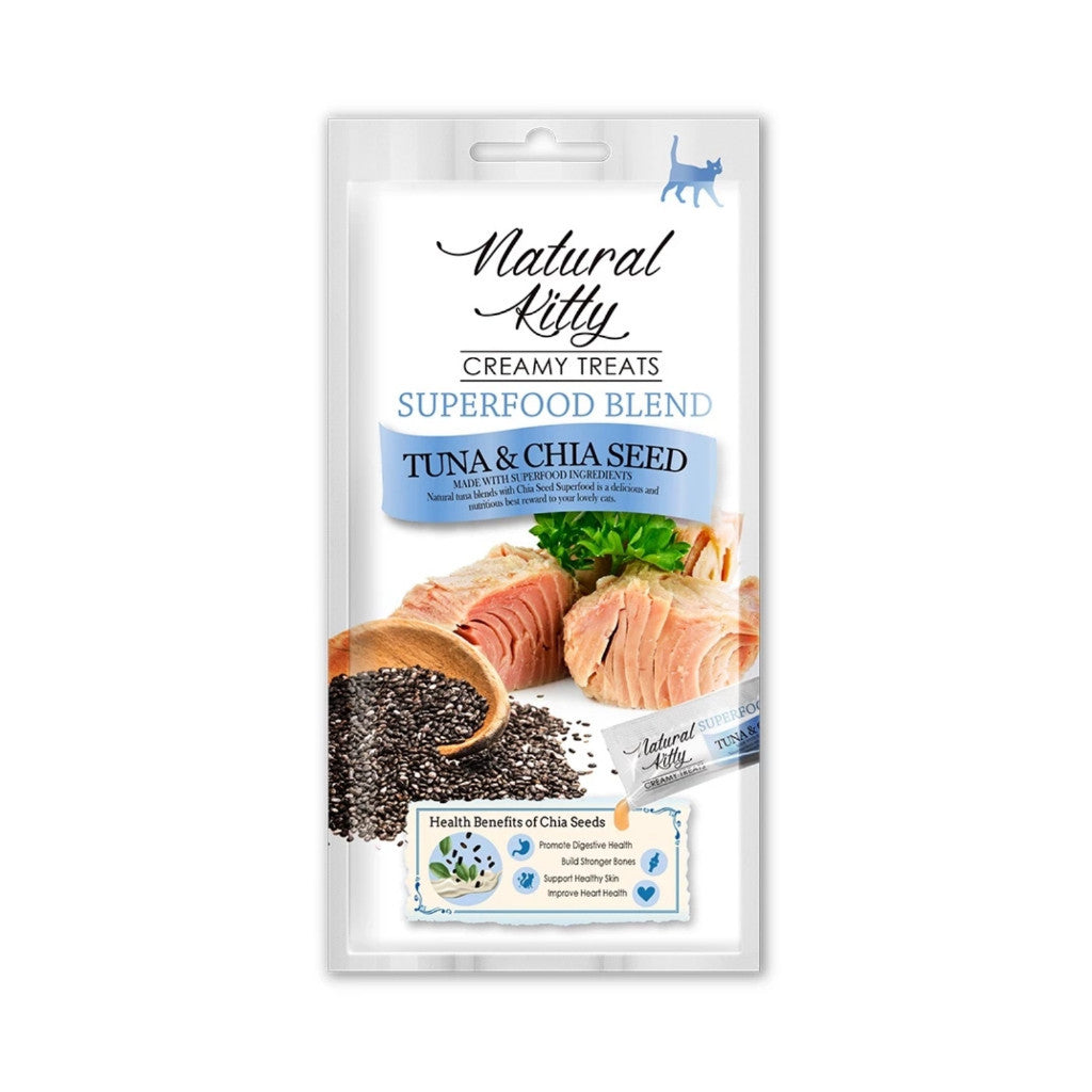 Natural Kitty Creamy Cat Treats 4 x 12g - Superfood Lickable Cat Food Tuna & Chia Seeds