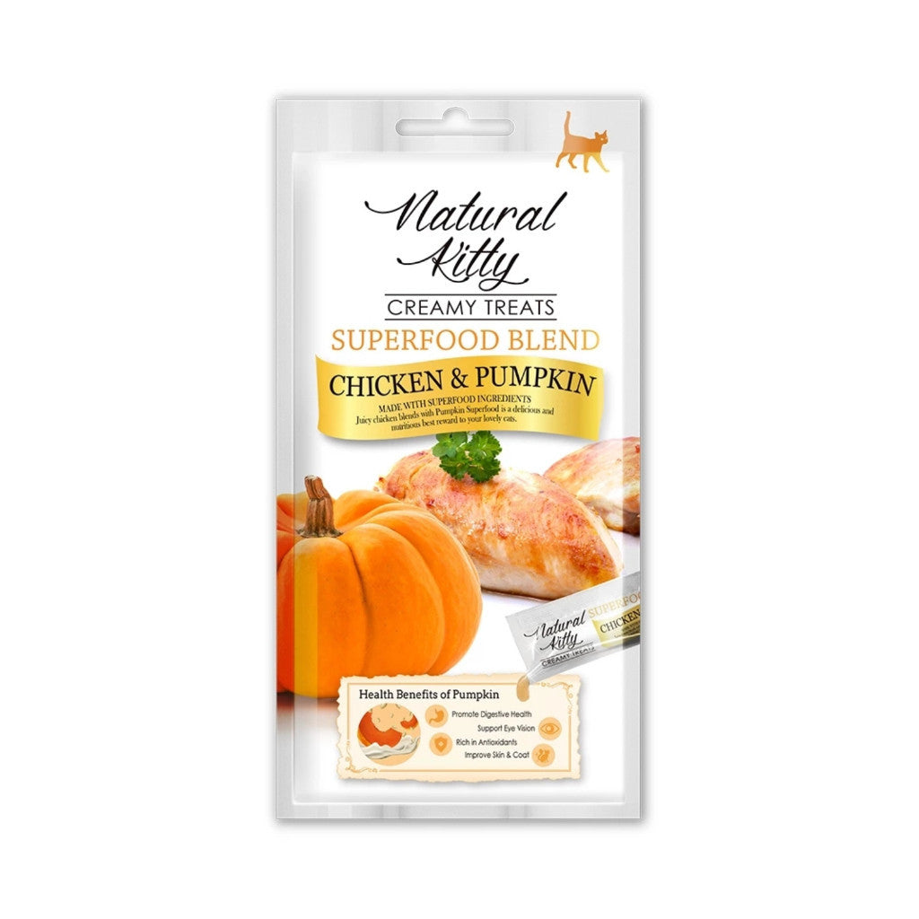 Natural Kitty Creamy Cat Treats 4 x 12g - Superfood Lickable Cat Food Chicken & Pumpkin
