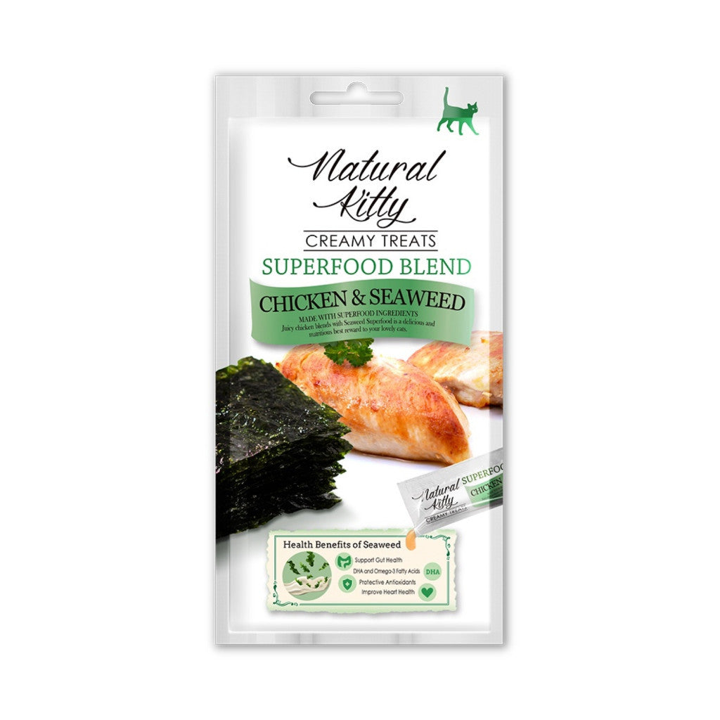 Natural Kitty Creamy Cat Treats 4 x 12g - Superfood Lickable Cat Food Chicken & Seaweed