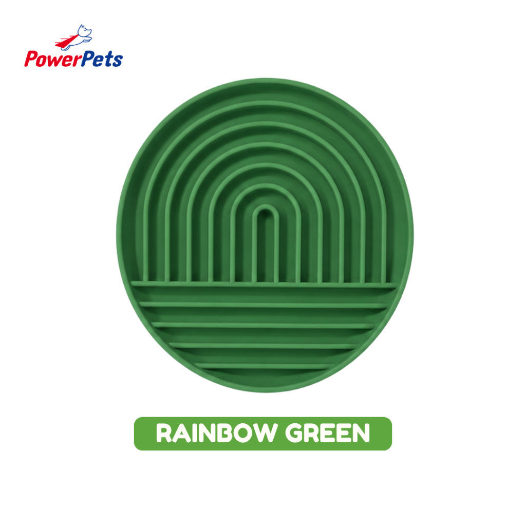 PowerPets Silicone Slow Feeder For Pets - Food-Safe Silicone Non-Toxic Pet Bowl Training Licking Pad Rainbow Round Green