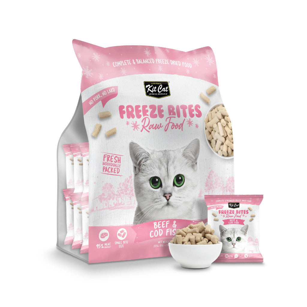 Kit Cat Freeze Bites Raw Food for Cats 225g (15pcs) – Complete & Balanced Diet Meal Beef & Cod Fish