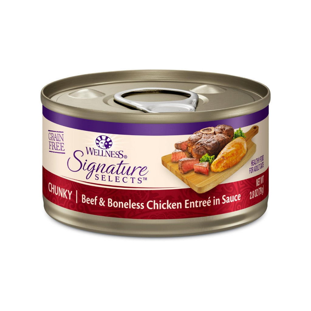 Wellness CORE Signature Selects Wet Cat Food 5.3oz / 5.5oz – Grain-Free, High-Protein Natural Recipe in Savory Broth Chunky Beef Chicken