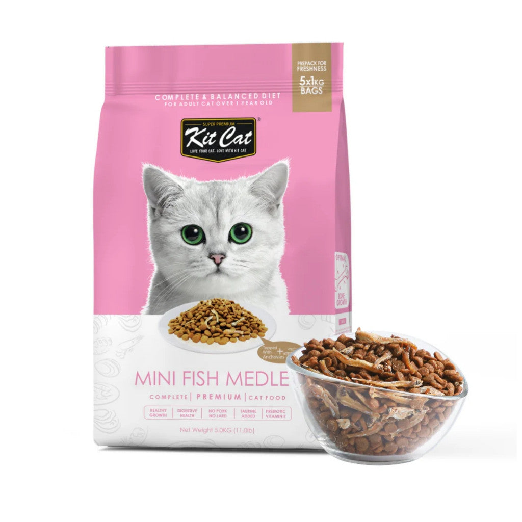 Kit Cat Dry Cat Food 5kg – Premium Complete & Balanced Nutrition for Adult Cats Mini Fish Medley