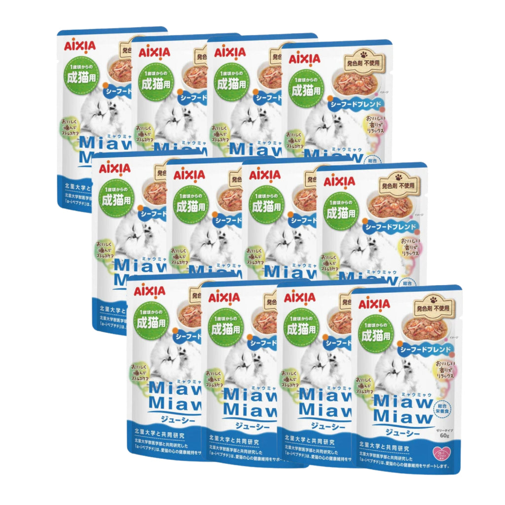 [Bundle of 12] Aixia Miaw Miaw Juicy Pouch - Meat And Fish Mix Wet Cat Food 60g 70g MJ6 Seafood Blend 60g