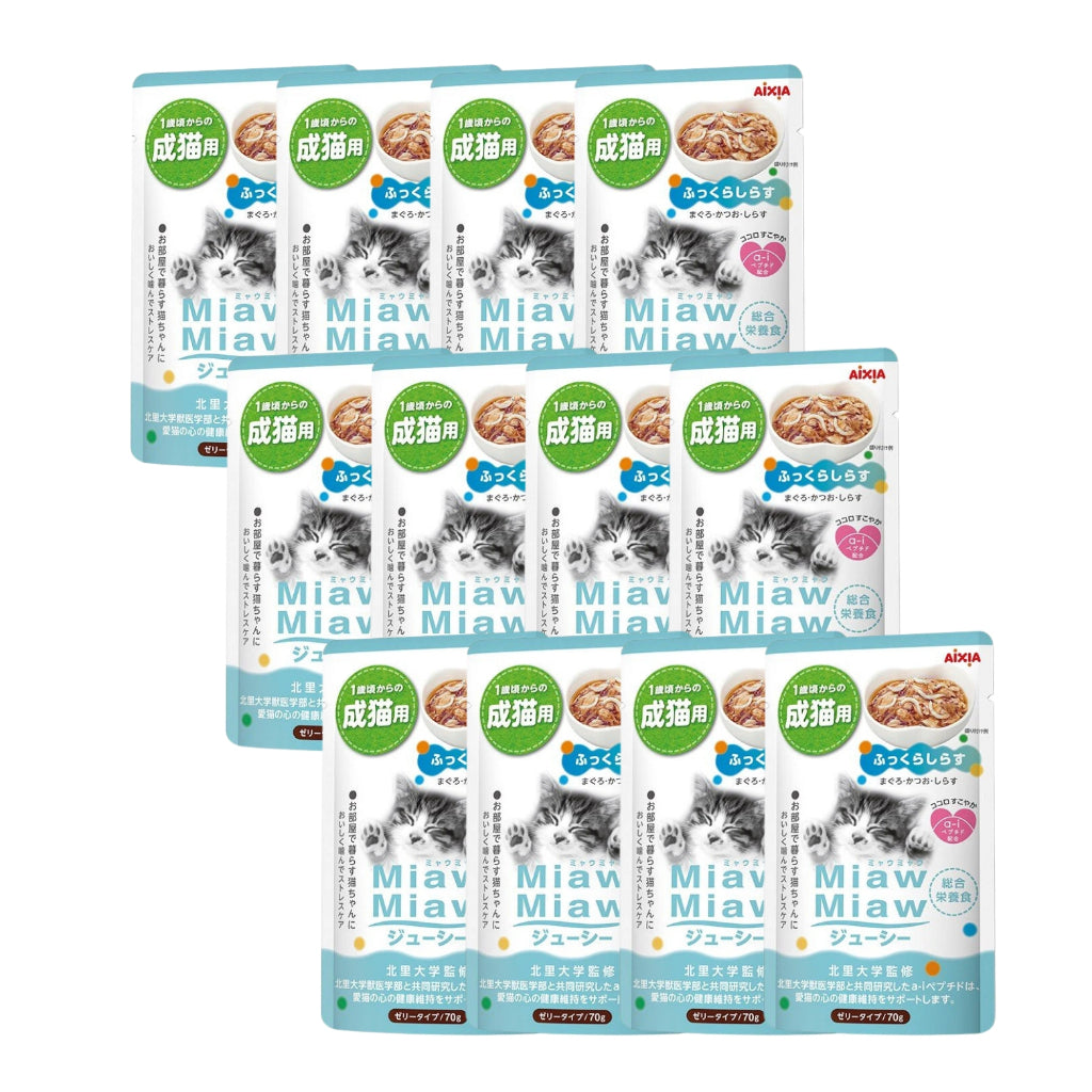 [Bundle of 12] Aixia Miaw Miaw Juicy Pouch - Meat And Fish Mix Wet Cat Food 60g 70g MJ8 Whitebait 60g