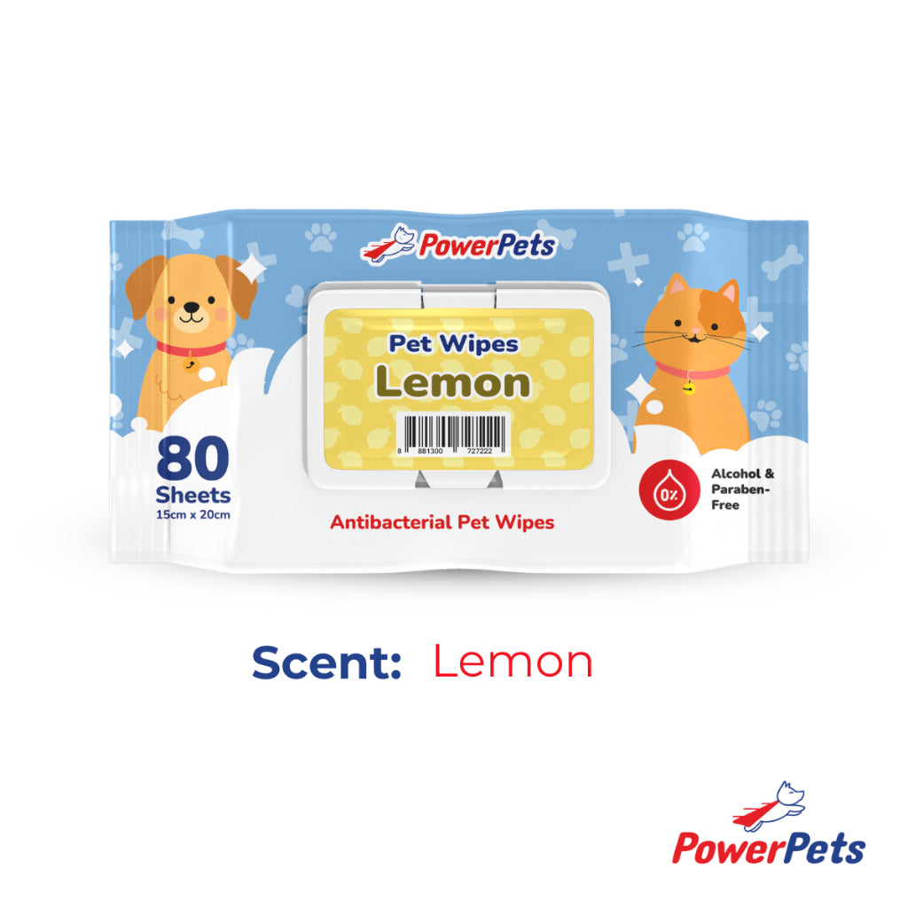 PowerPets Antibacterial Scented Pet Wet Wipes 80 Sheets – Alcohol & Paraben-Free, Gentle On Skin Lemon