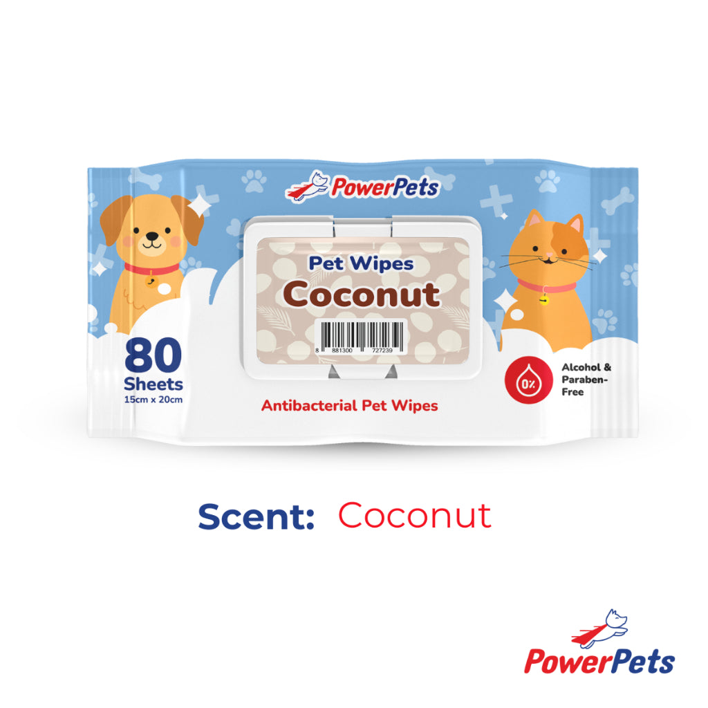 PowerPets Antibacterial Scented Pet Wet Wipes 80 Sheets – Alcohol & Paraben-Free, Gentle On Skin Coconut