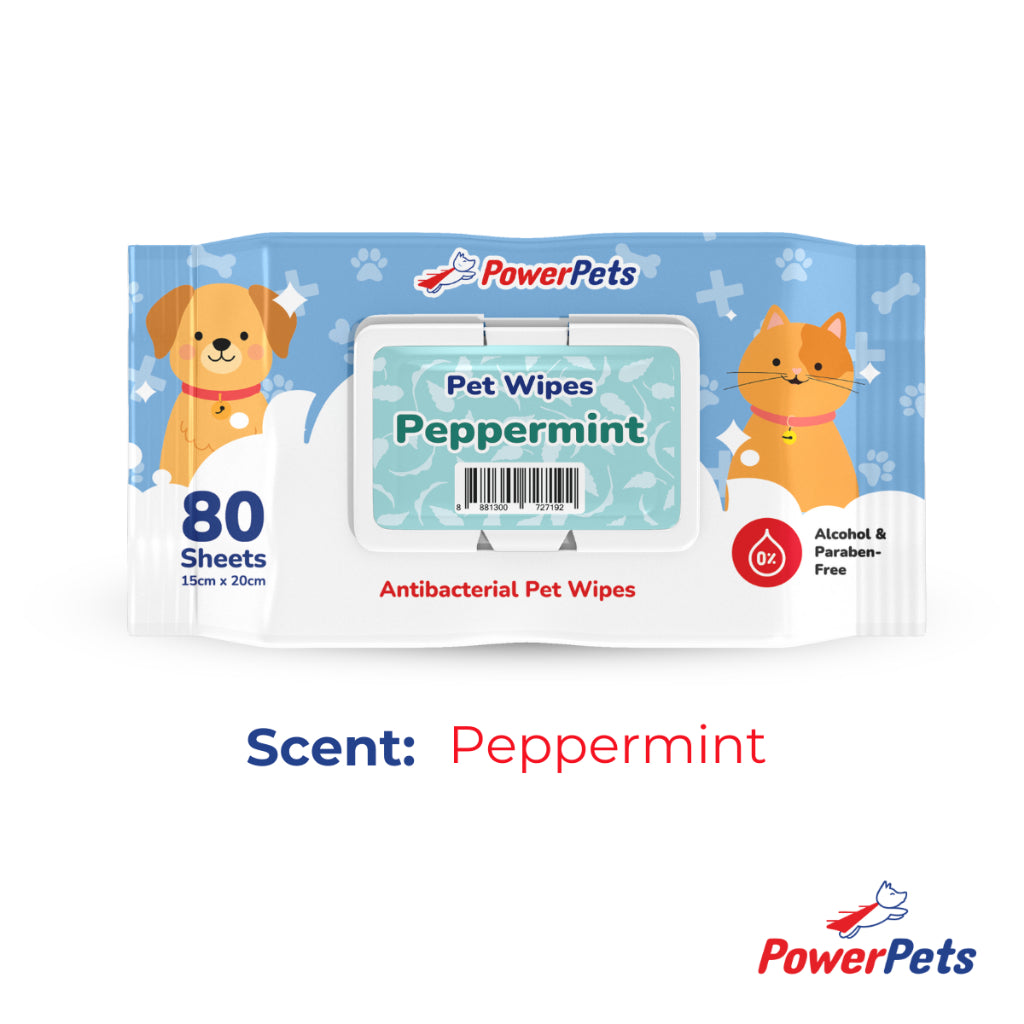 PowerPets Antibacterial Scented Pet Wet Wipes 80 Sheets – Alcohol & Paraben-Free, Gentle On Skin Peppermint