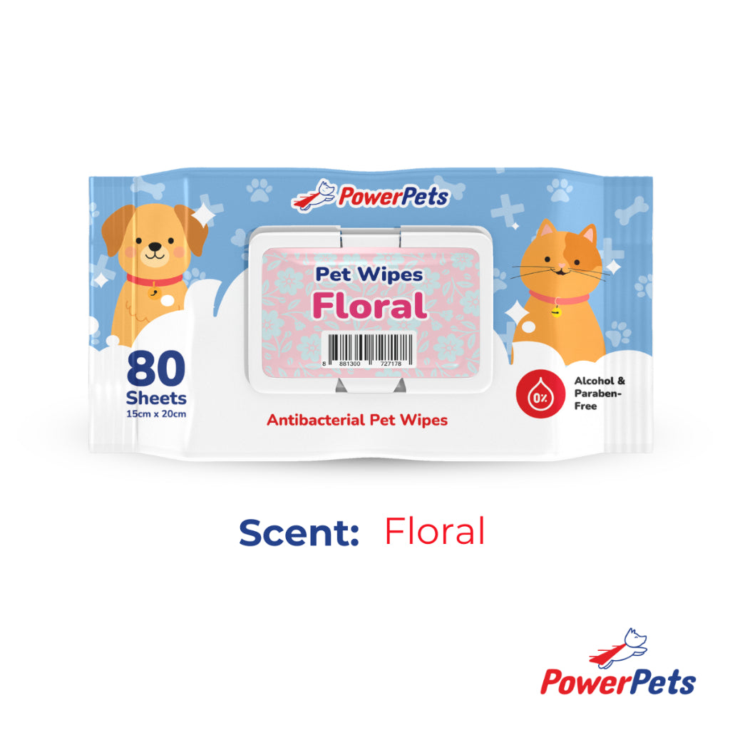 PowerPets Antibacterial Scented Pet Wet Wipes 80 Sheets – Alcohol & Paraben-Free, Gentle On Skin Floral
