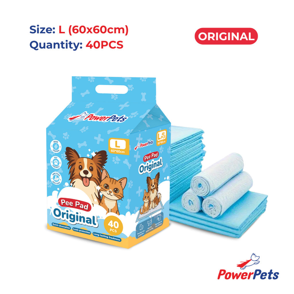 PowerPets Pet Pee Pad Original & Charcoal - Absorbent Odor Control Training Pad Sizes S–XL Orig L: 60x60cm 40s