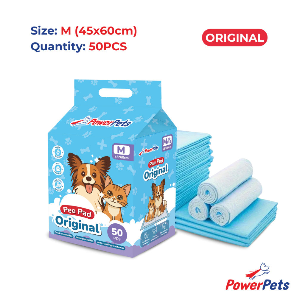 PowerPets Pet Pee Pad Original & Charcoal - Absorbent Odor Control Training Pad Sizes S–XL Orig M: 45x60cm 50s